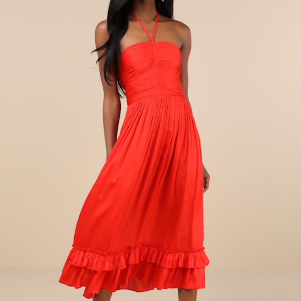 Lulus Pleasing Chicness Red Satin Halter Tiered Midi Dress - Size L
